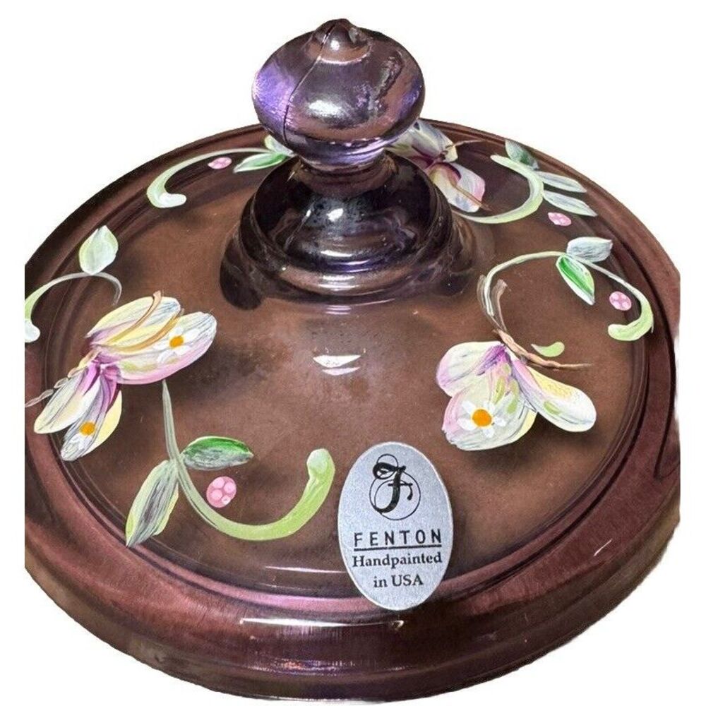 Fenton Amethyst Iridescent Hand Painted Floral Glass Lidded Candy Dish G Louise - Picture 6 of 7
